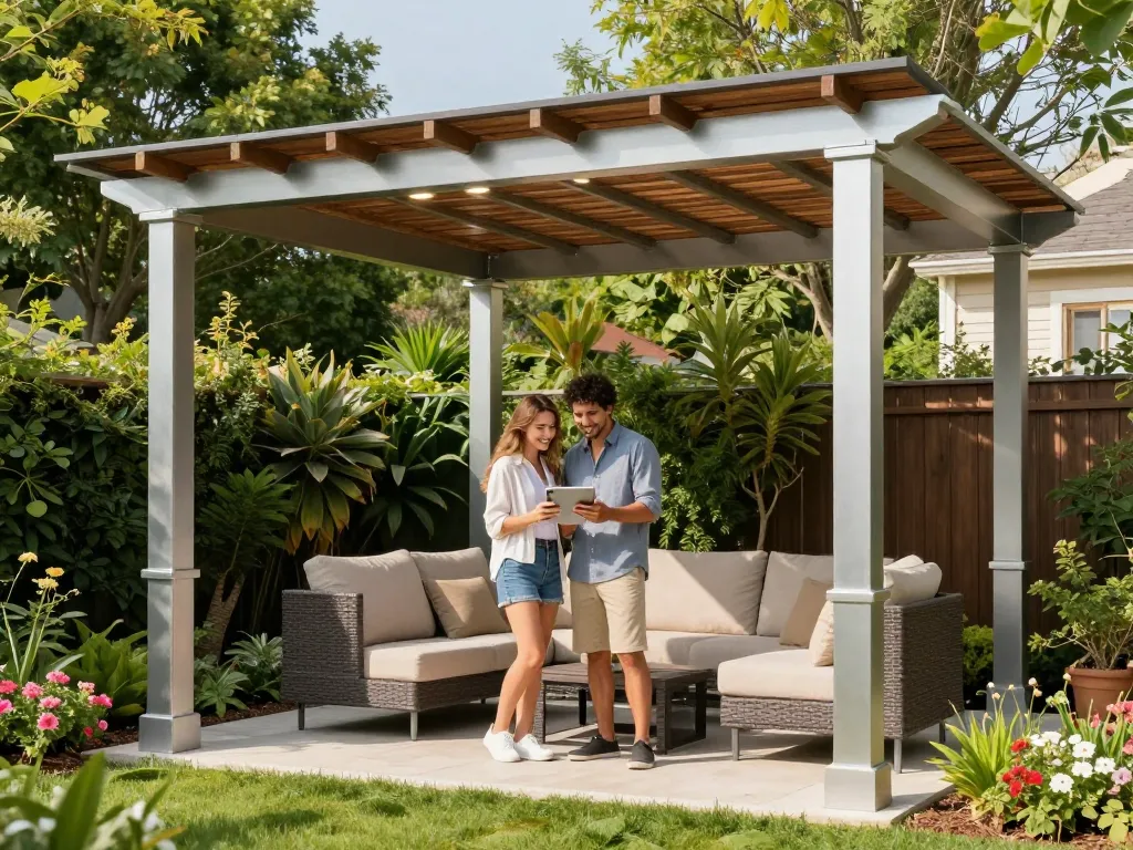 Couple using the All-in-One pergola Configurator to design a stylish pergola in a vibrant garden setting.