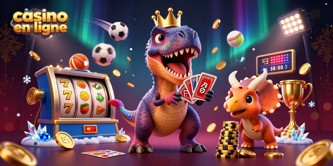 Caricature illustrant un T-Rex jouant aux cartes dans un casino en ligne coloré, entouré de jetons et de symboles de machines à sous.