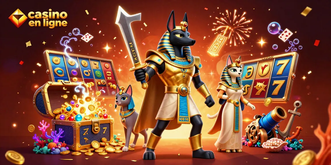 Joue au casino en ligne avec cette illustration d'Anubis et Bastet, entouré de jeux captivants.