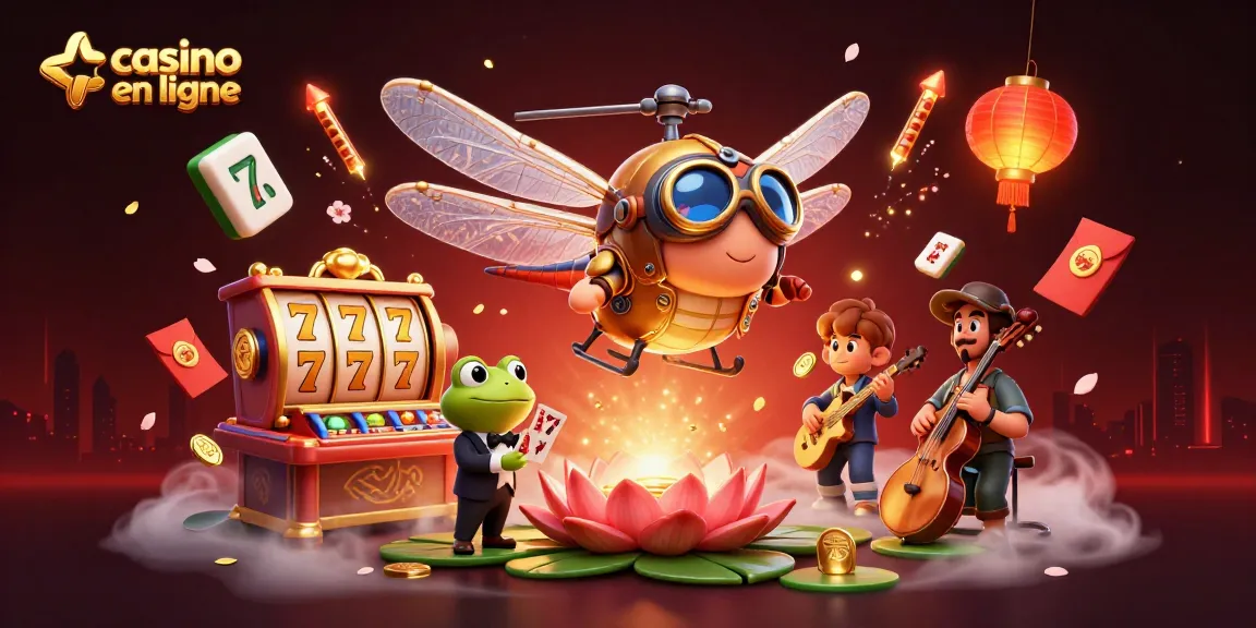 Illustration captivante d'un casino en ligne avec un pilote libellule et un croupier grenouille, plongez dans l'univers du jeu!