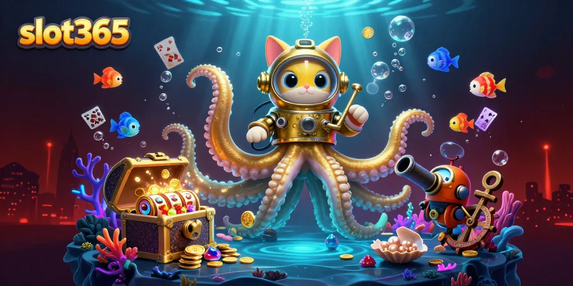 Experience thrilling wins in slot365 as a colossal kraken and diving cat celebrate jackpots amid sparkling treasures.