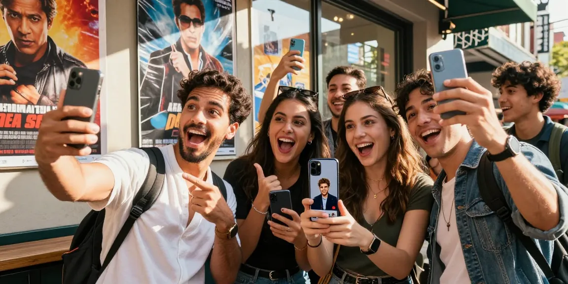 Friends discovering look alikes of famous people using AI face identifier on smartphones in vibrant urban setting.