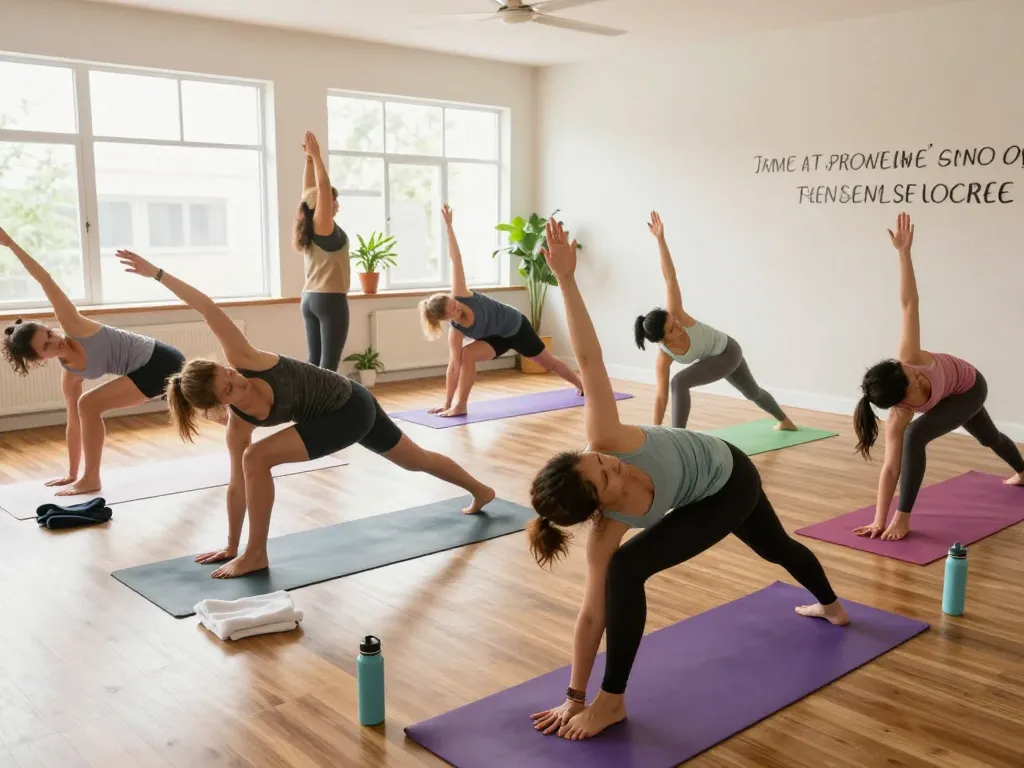 ホットヨガ おすすめ class scene with diverse participants practicing yoga in a bright studio