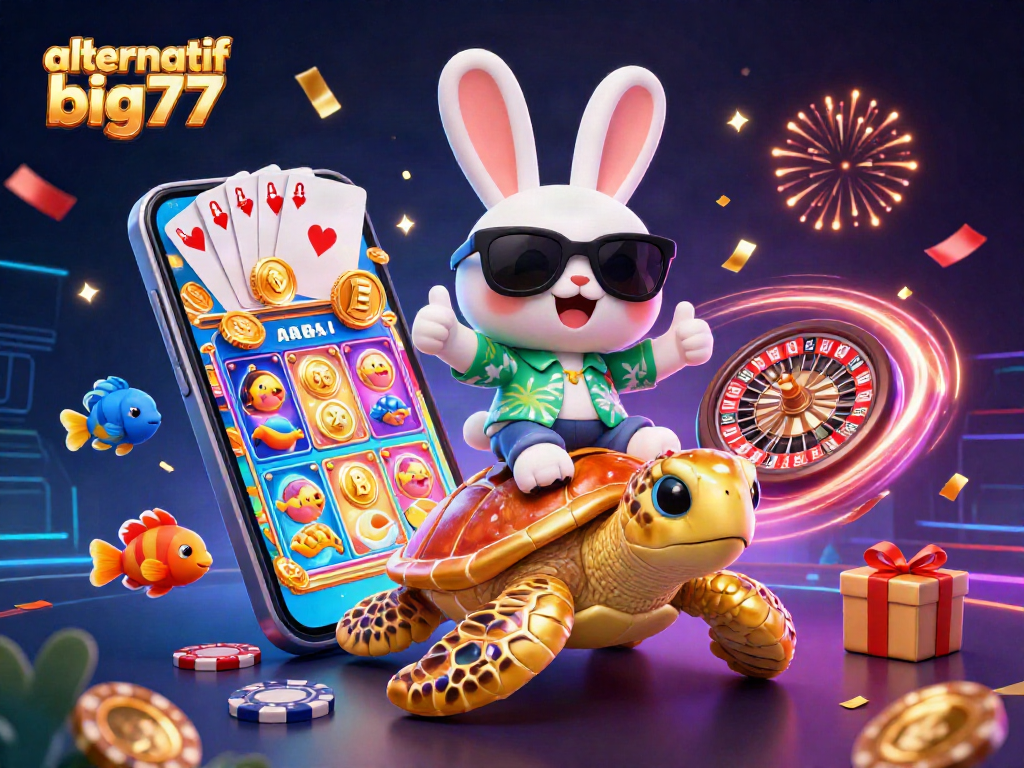Experience excitement with alternatif big777, as a lucky rabbit and turtle celebrate casino wins.