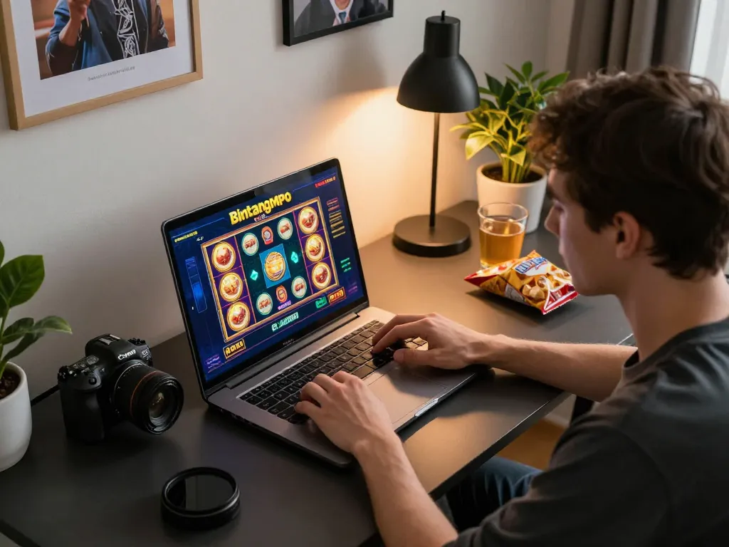 Pemain Bintangmpo terlibat dalam slot online di pengaturan permainan rumah yang bergaya dengan laptop dan makanan ringan.