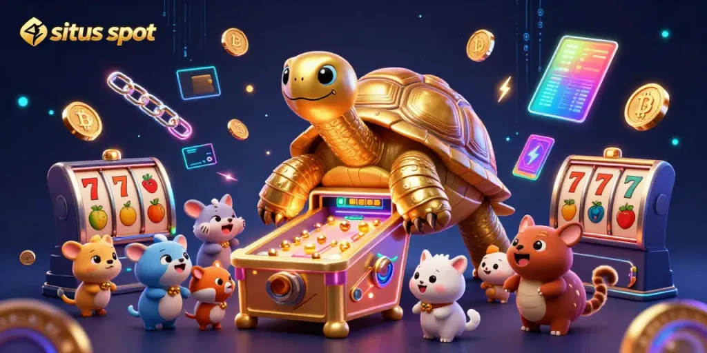 Slot gacor dengan kura-kura emas dan permainan slot yang menarik dalam ilustrasi 3D.