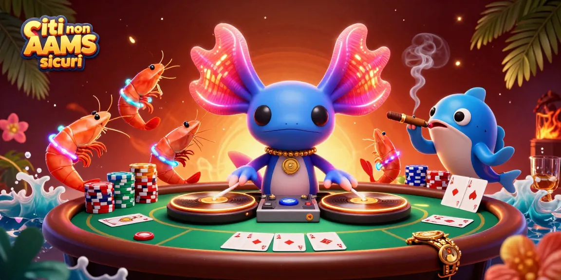 Scopri i migliori siti non AAMS sicuri con un DJ axolotl neon e una vivace festa da casinò.