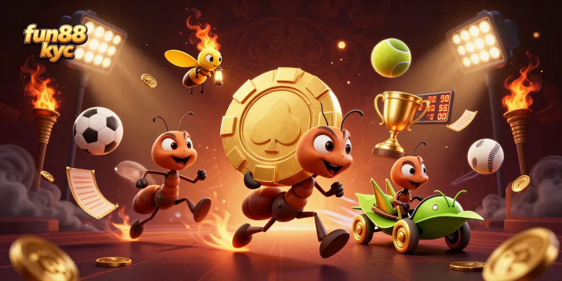 Chơi fun88 kyc với đội quân kiến 3D đầy màu sắc trong bối cảnh sòng bạc, thu hút người chơi.