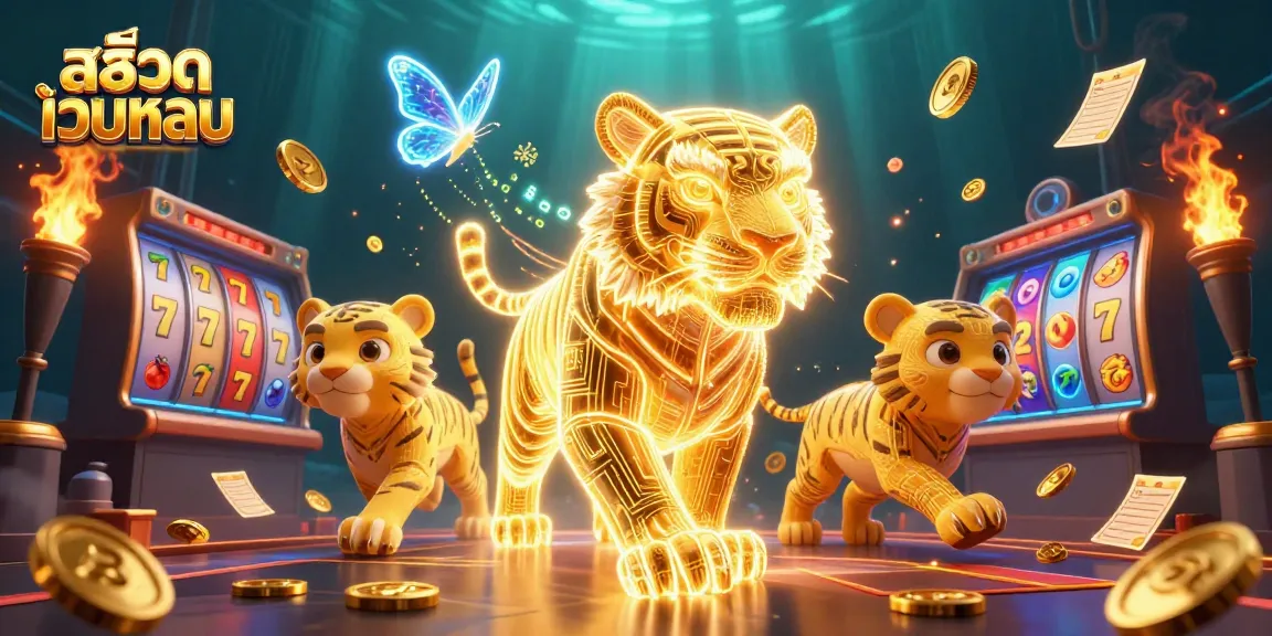 Experience สล็อตเว็บตรง gaming with a neon golden tiger amidst dynamic casino elements and vibrant slot visuals.