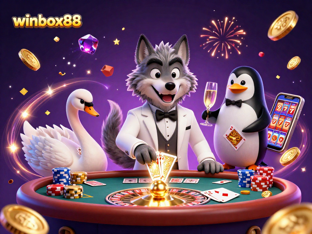 Experience winbox88 at a vibrant online casino, featuring a debonair wolf at baccarat.