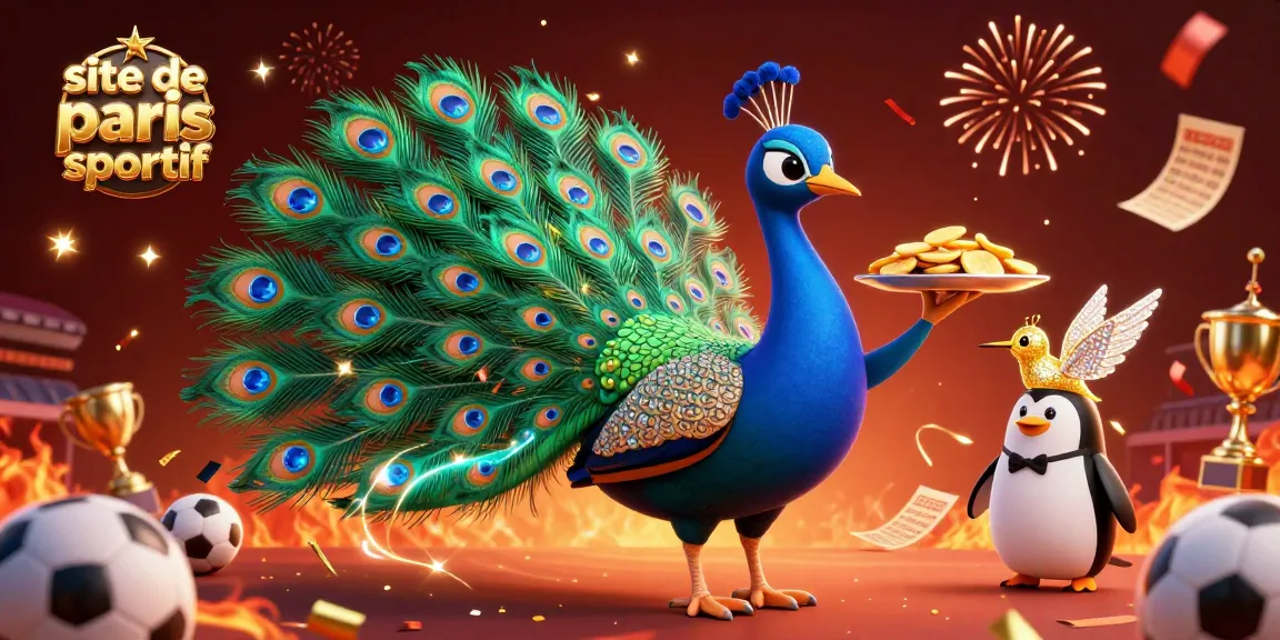 Pariez sur site de paris sportif avec un paon, un pingouin serveur et un colibri, ambiance festive.