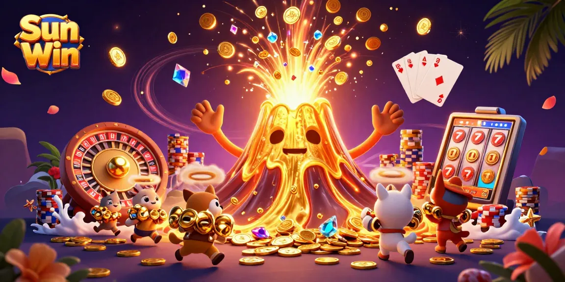 Play exciting games at Sun Win with a dynamic scene of a golden volcano and treasures.
