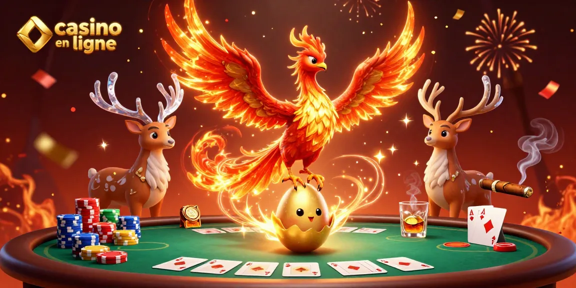 Découvrez les personnages de casino en ligne animés avec phoenix, jetons de poker et ambiance festive.