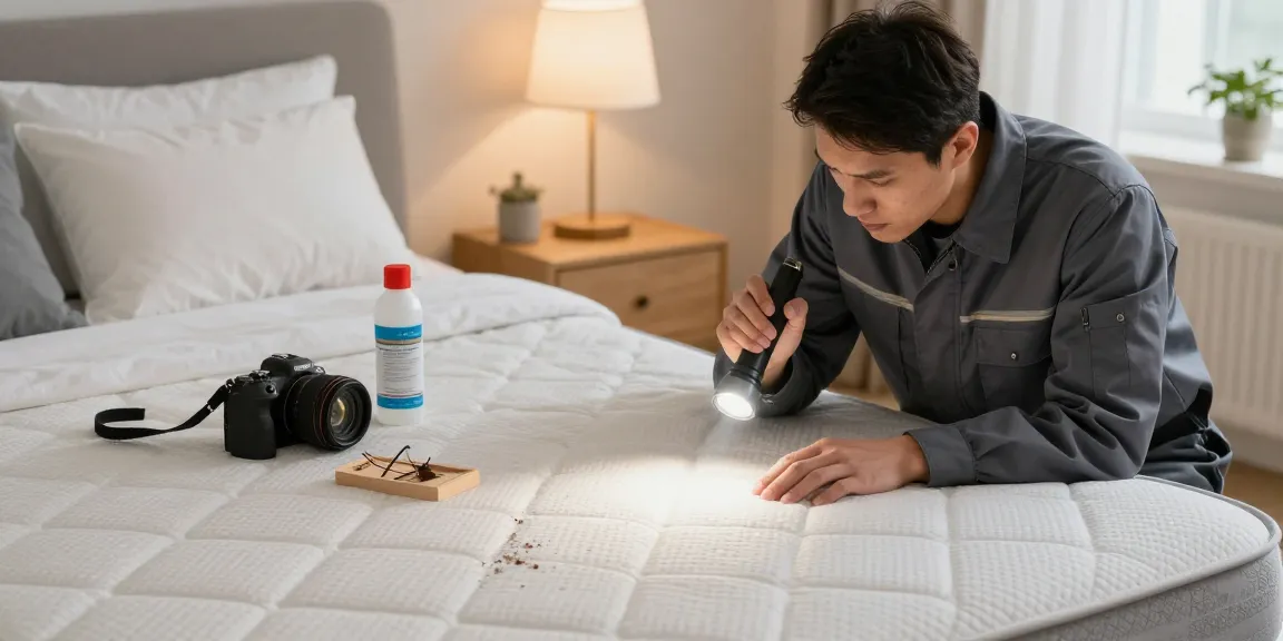 Bed bug pest control expert examining mattress for signs of infestation, showcasing professional inspection services.
