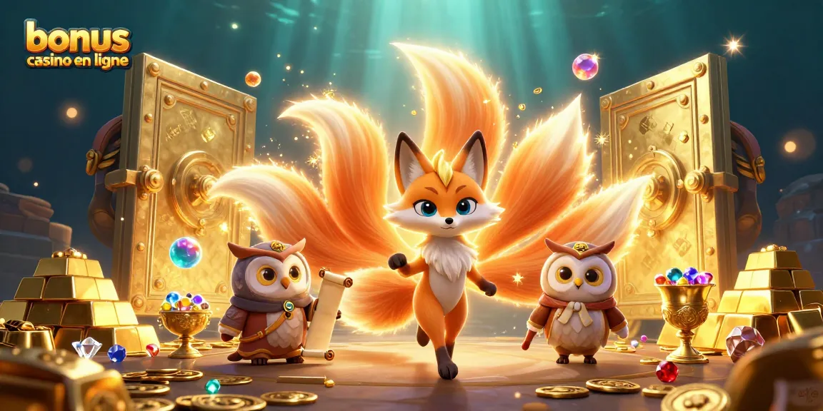 Découvrez le bonus casino en ligne avec des personnages animés dans une scène riche de trésors et de lumière.