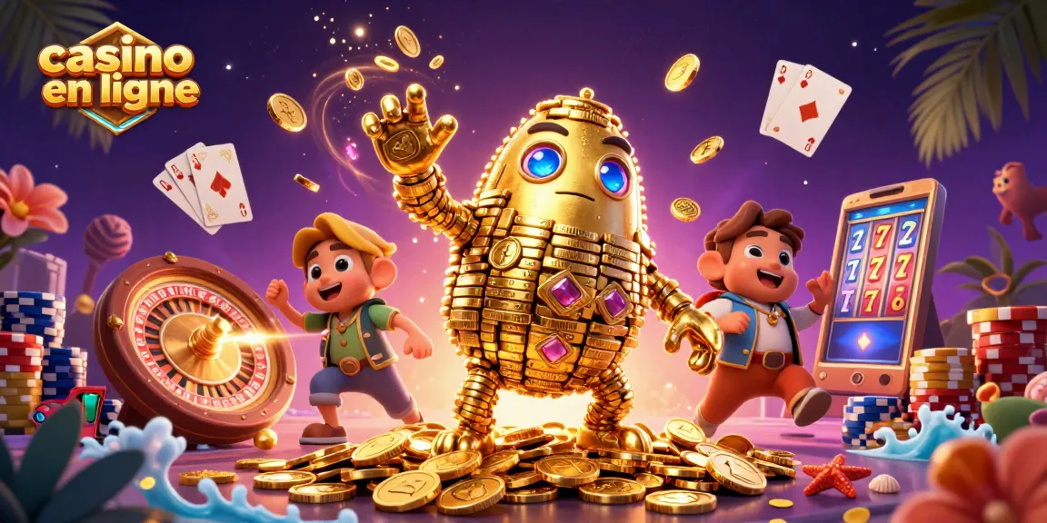 Illustration captivante de casino en ligne avec un golem d'or, symboles de machines à sous et jetons colorés.