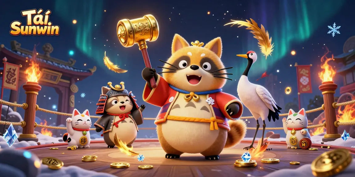 Tải Sunwin gameplay features highlighted in a vibrant 3D illustration showcasing a tanuki character and lucky symbols.