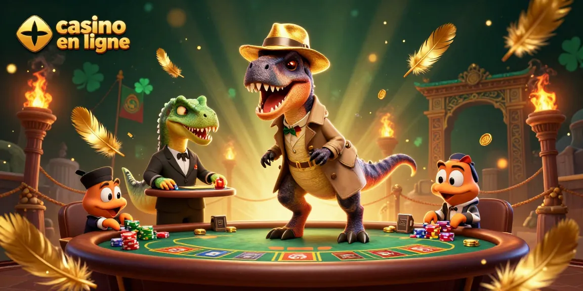 Illustration animée d'un velociraptor tentant sa chance au casino en ligne avec un gardien méfiant.