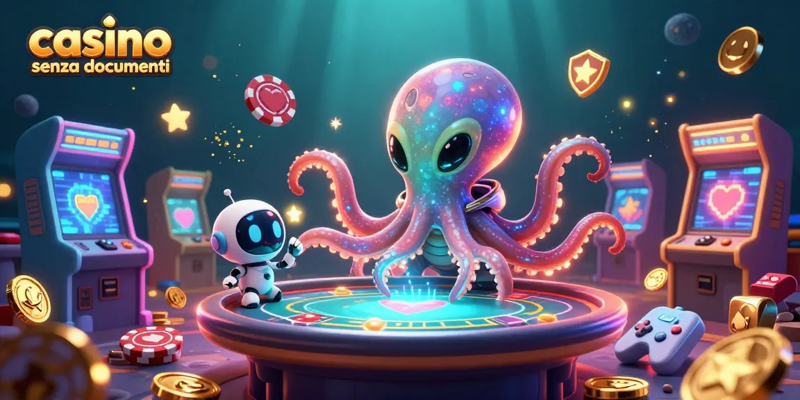 In un fantastico casino senza documenti, un polipo alieno gioca a poker con chip mentre un robot lo assiste, circondati da giochi arcade.