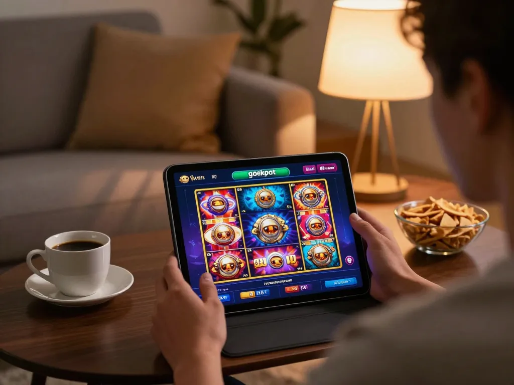 Engaging moment using the gojekpot online casino app on a tablet in a cozy home setting