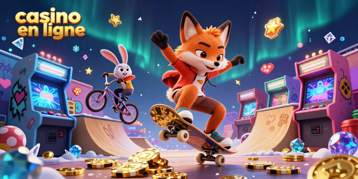 Visualisez l'univers des jeux de casino en ligne avec un renard et un lapin jouant ensemble.