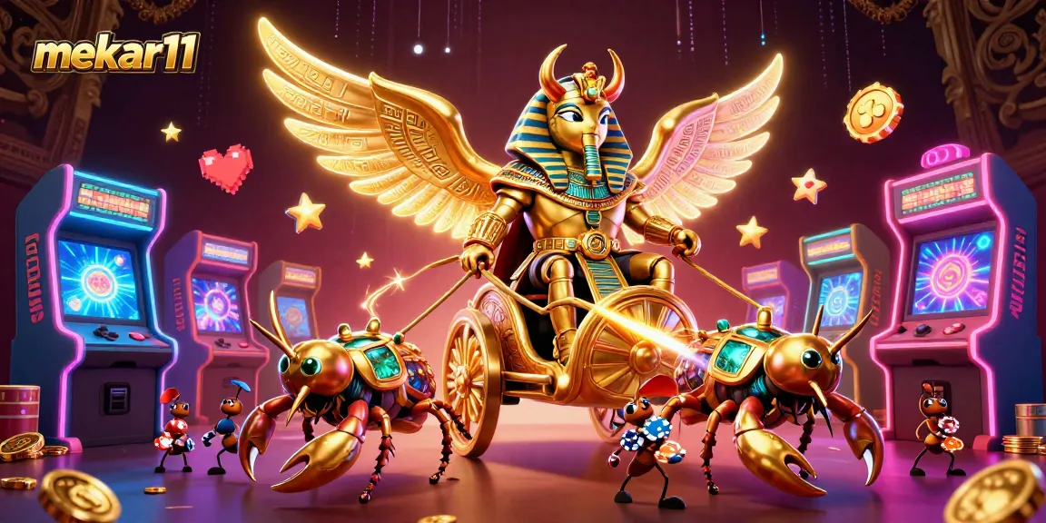 Experience thrilling gameplay with mekar11's golden scarab characters amidst a vibrant casino scene.