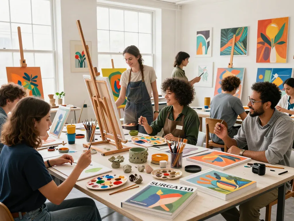 Ekspresi kreatif di studio seni SURGA138 dengan seniman yang berinteraksi dan karya seni beraneka ragam.