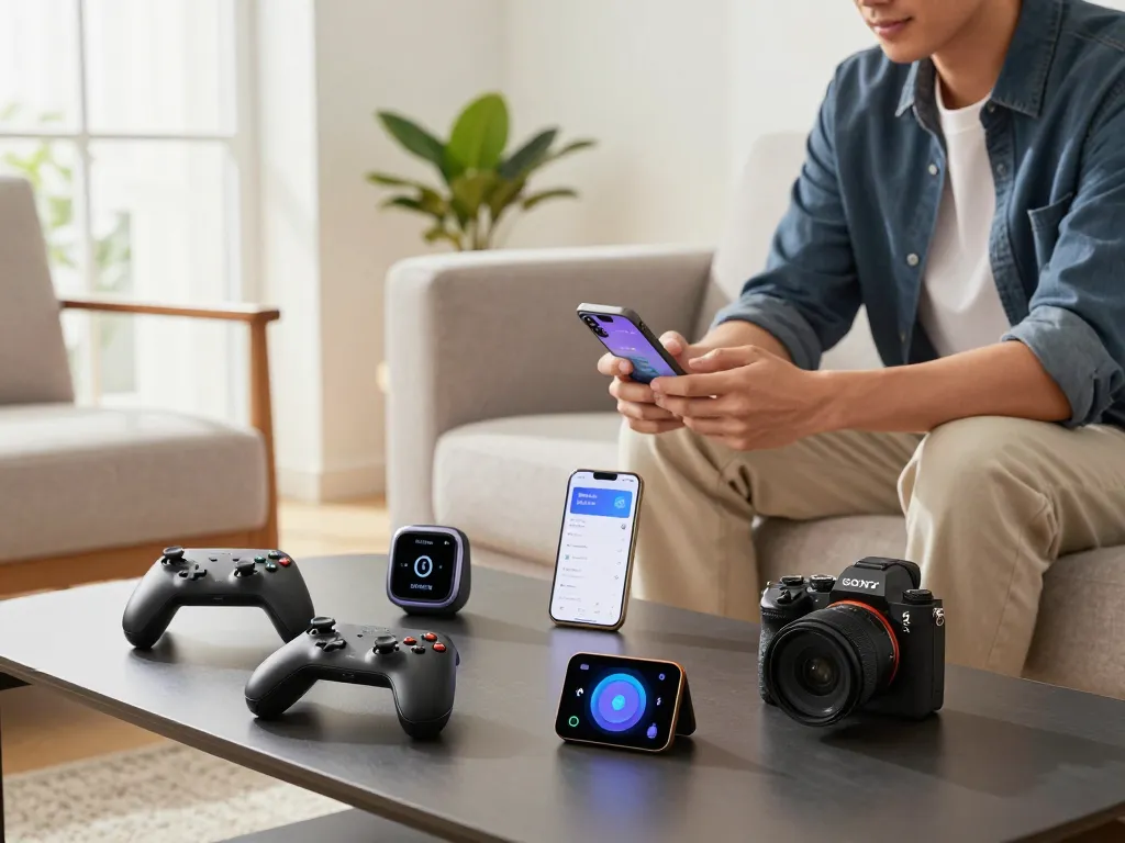 Showcase of cool tech gadgets under $132 in a modern living room, highlighting Bluetooth devices and a tech-savvy individual.