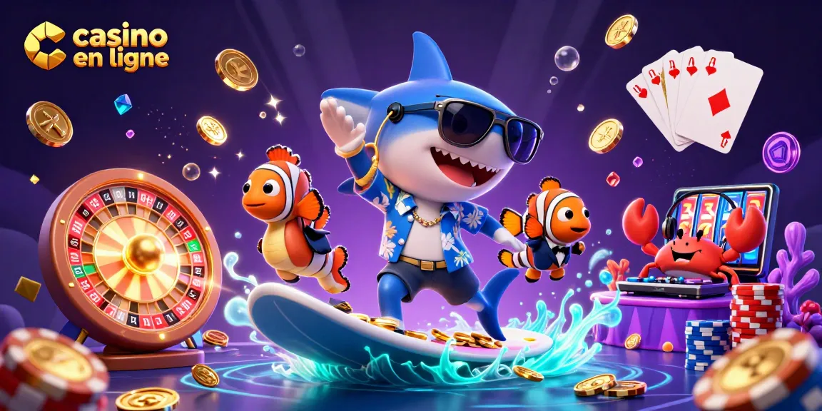 Plongez dans un monde vibrant de casino en ligne avec un requin en surf parmi des pièces d'or.