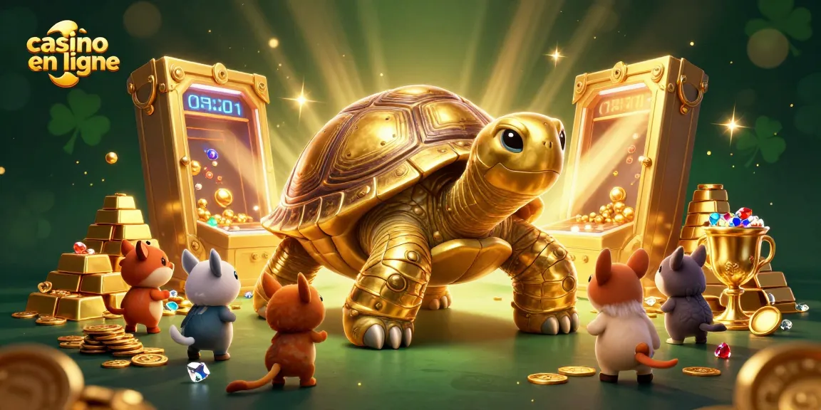 Profitez de l'expérience captivante d'un casino en ligne avec une tortue géante en pinball illuminée, entourée de trésors.