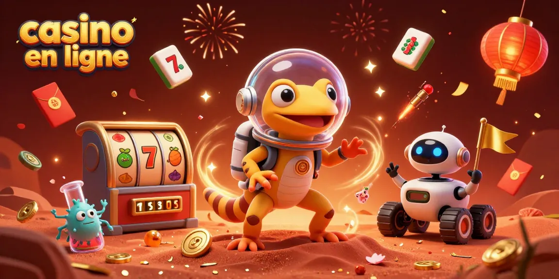 Jouer dans un casino en ligne avec un gecko martien et des éléments festifs.