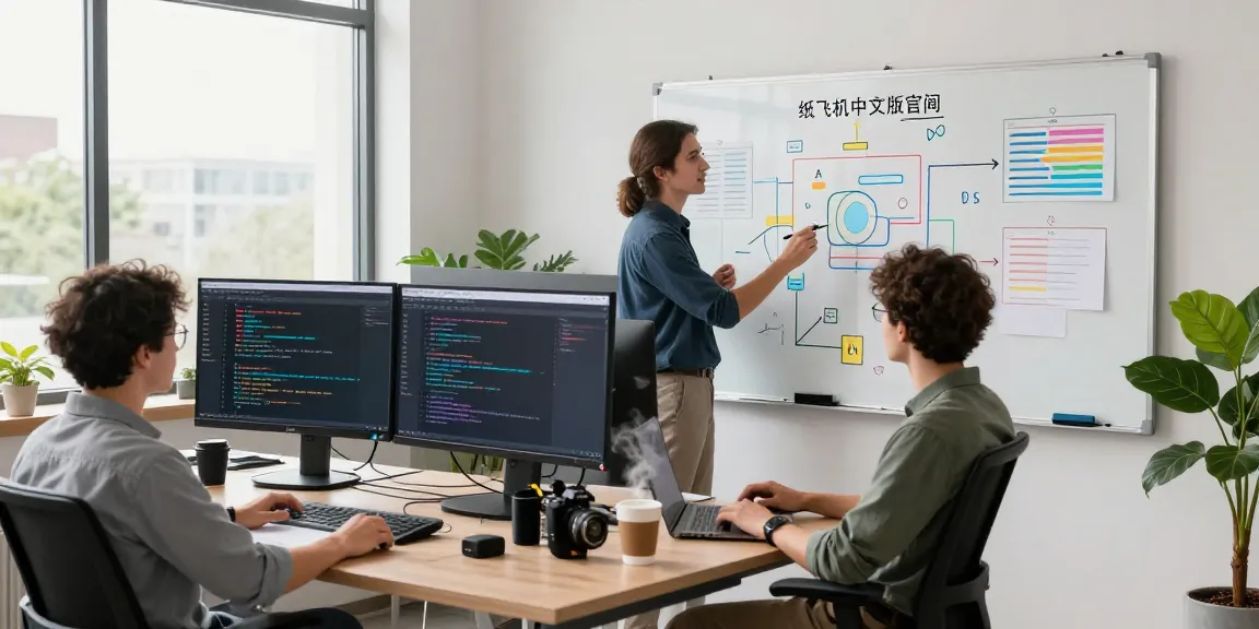 Showcase of developers working on the 纸飞机中文版官网 application in a bright, modern workspace.