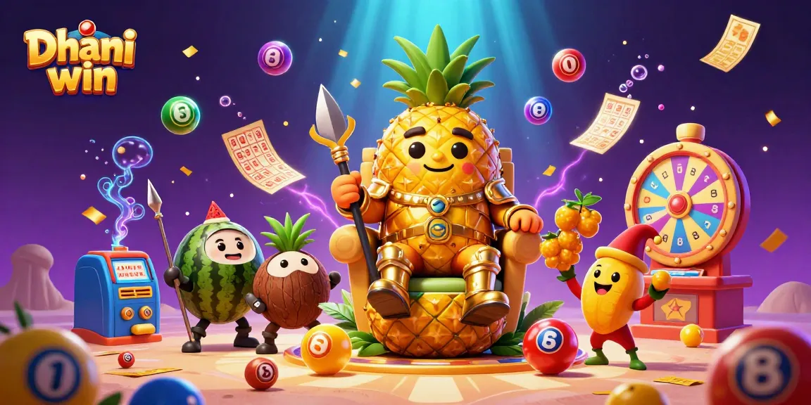 Dhani win launches exciting games in a vibrant casino scene featuring a golden pineapple king and lottery elements.