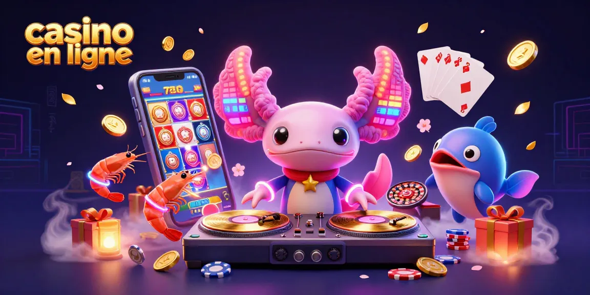 Jouez au casino en ligne avec une illustration colorée d'un DJ axolotl et ses amis dans une ambiance festive.