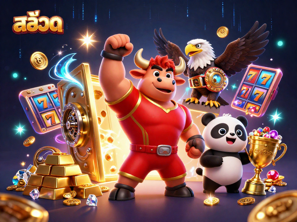 Win big with สล็อต at a vibrant casino scene featuring a bull mascot, eagle, and panda.