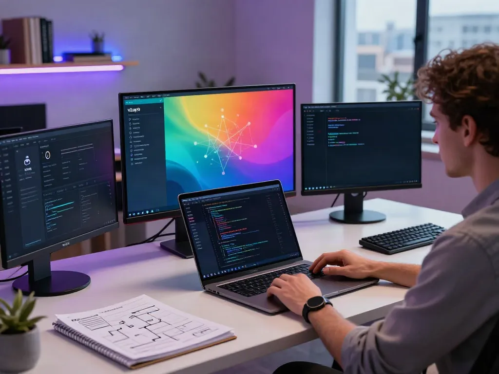 v2rayN setup in a tech workspace with multiple monitors and coding elements.