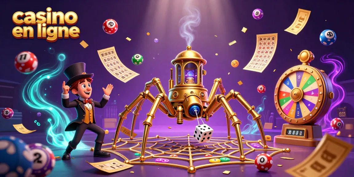 Jouer aux jeux de casino en ligne avec une araignée steampunk et des éléments colorés.