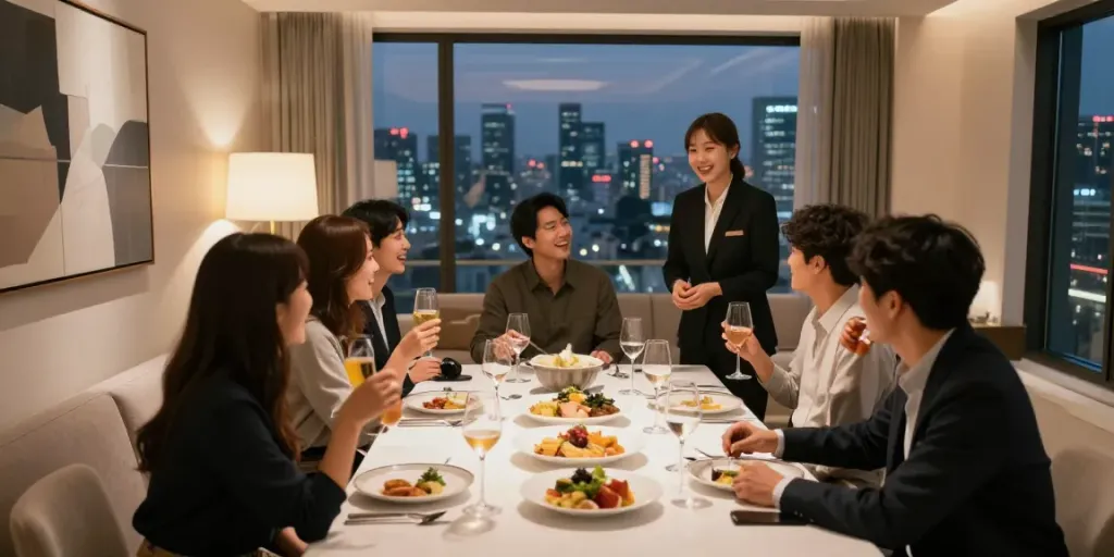 강남 구구단의 고급스러운 독립 룸에서의 모임 장면
