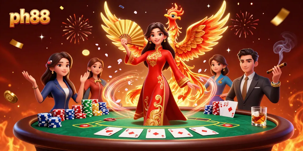 Engage with ph88's vibrant gaming experience showcasing a stunning woman in a Vietnamese ao dai, phoenix, and poker elements.
