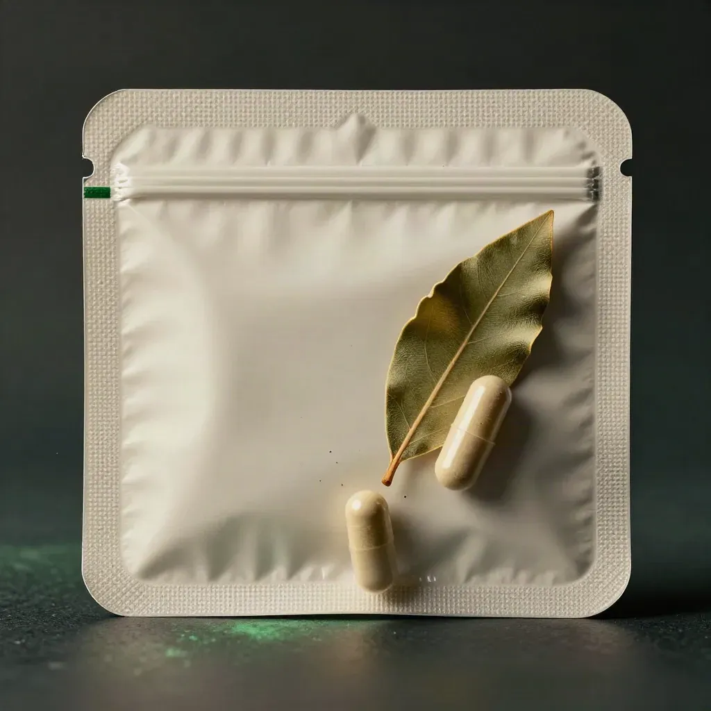 Floating daily wellness pack with two capsules and dried leaves on a dark studio ground.