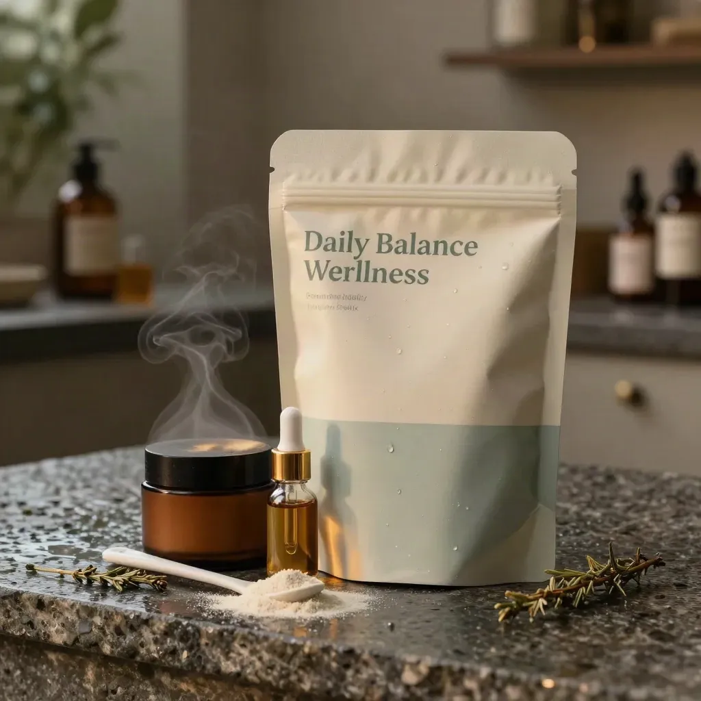 Wellness pouch with amber jar, dropper, powder spoon and herb sprig on rain-dark travertine.