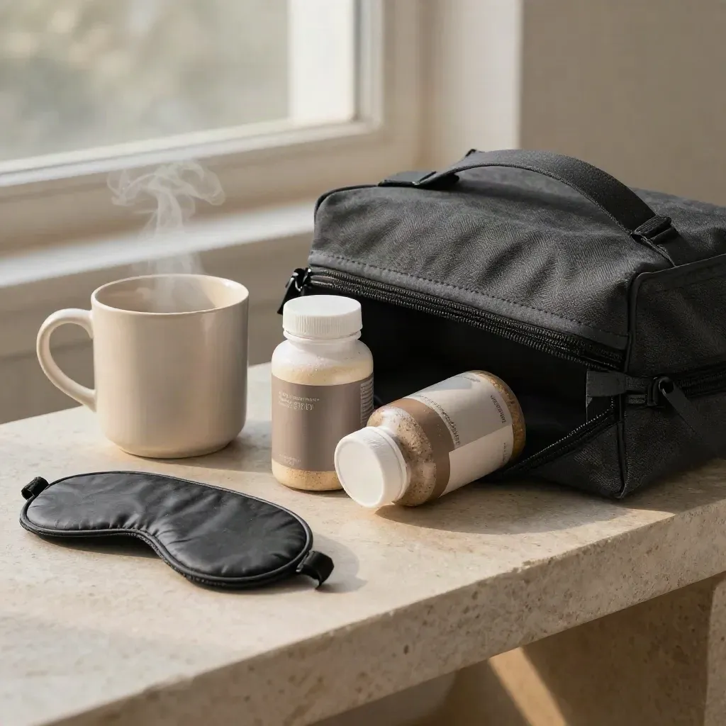 Two supplement bottles spilling from a weekend pouch beside a mug, sleep mask, and stone bench.