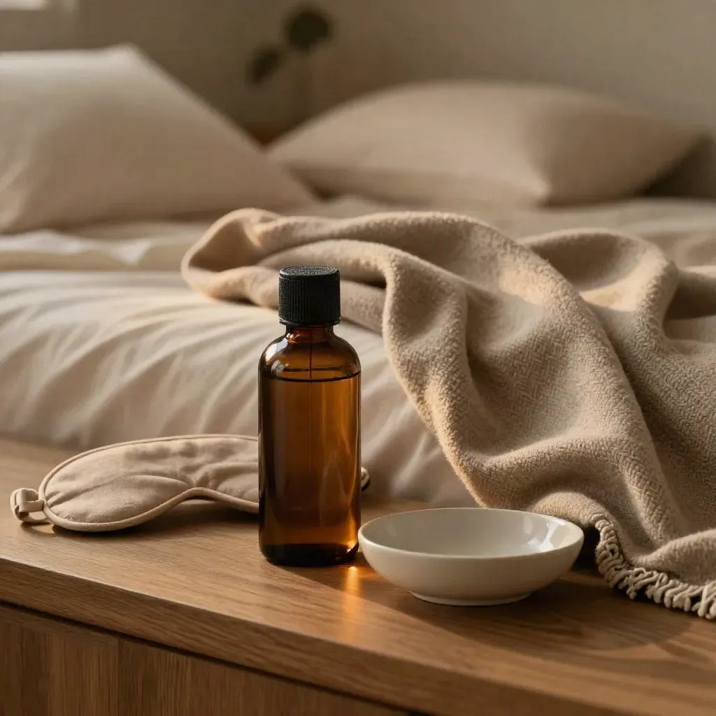 Amber sleep-support bottle with linen eye mask, wool throw, and ceramic dish on a bedside ledge.