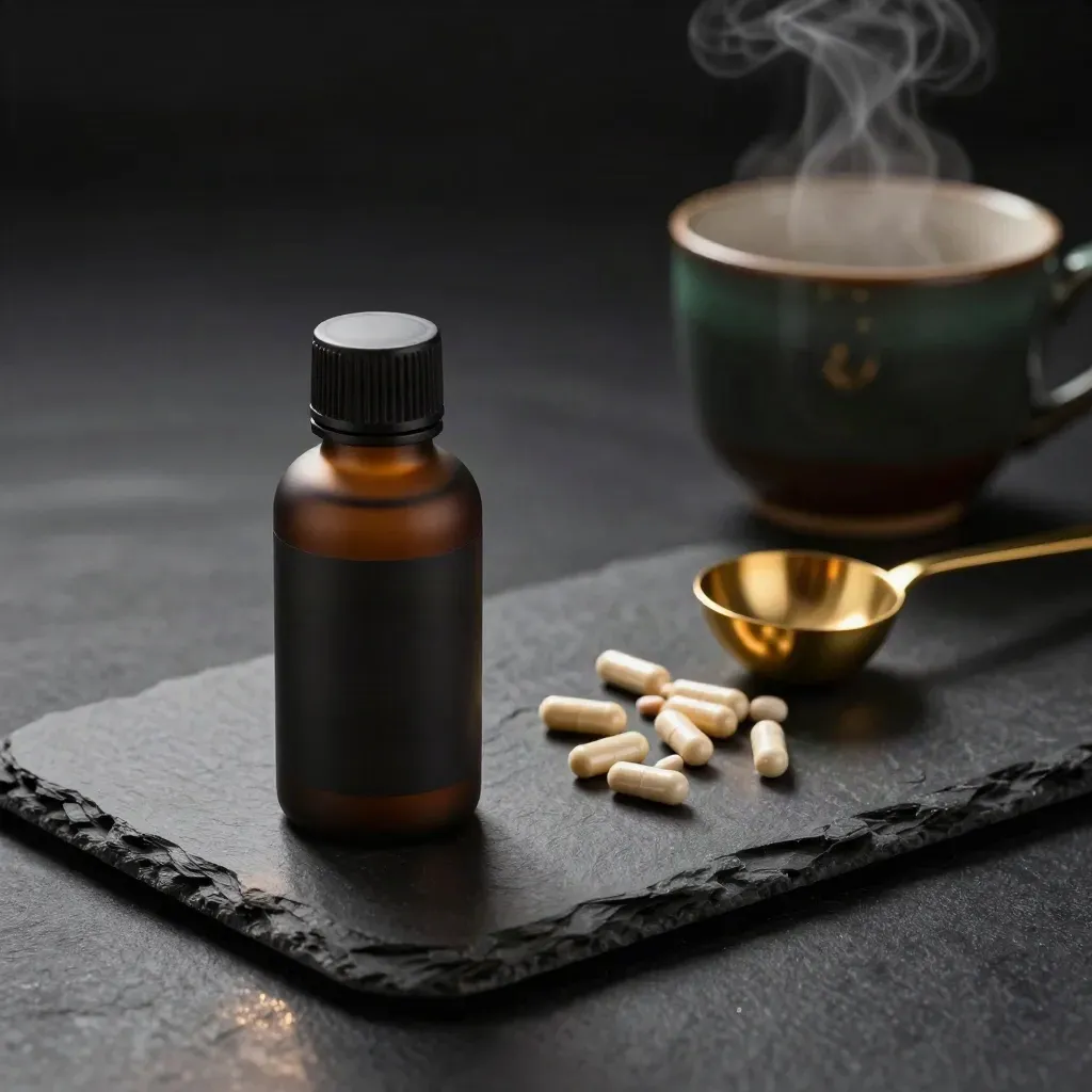 Charcoal B complex bottle with capsules, brass scoop, and steaming mug on slate.