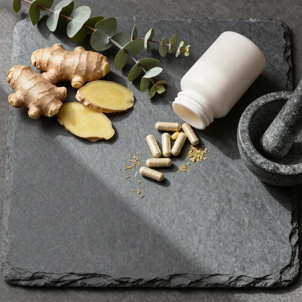 Overhead flatlay of an immune supplement bottle with eucalyptus, ginger, capsules, and a mortar