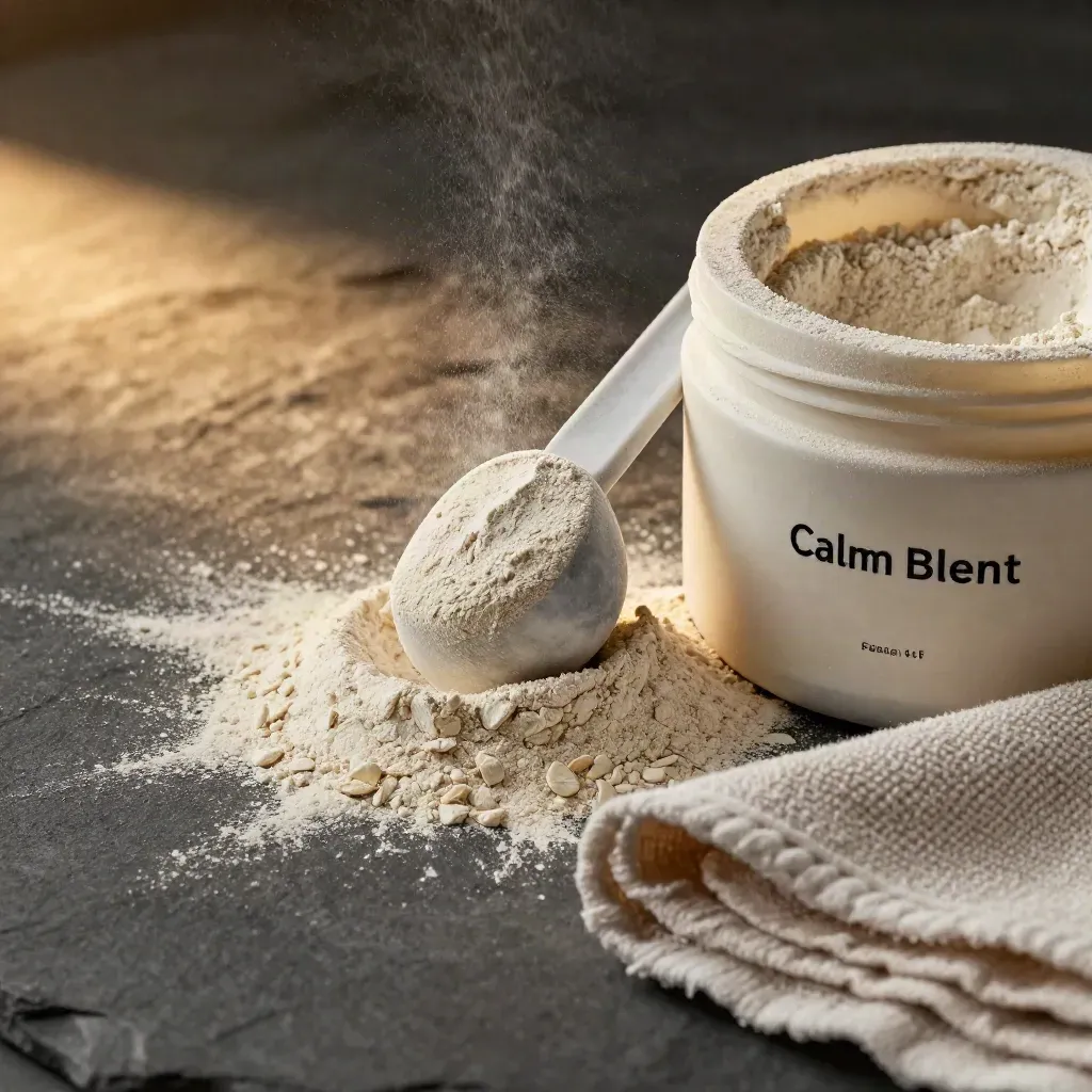 Macro powder tub with scoop, mineral dust, and folded towel on dark stone.