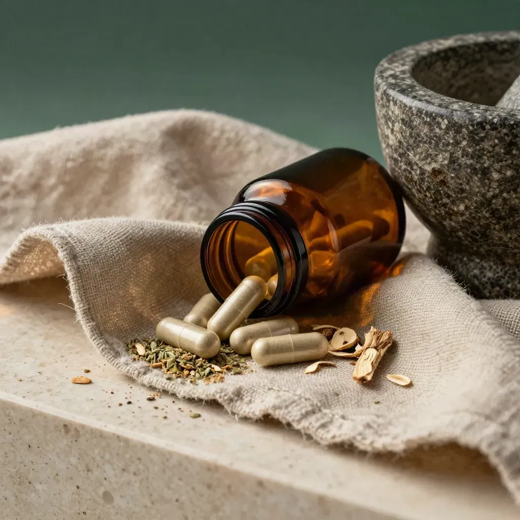 Macro of an ashwagandha capsules bottle in linen with herbs and a stone mortar