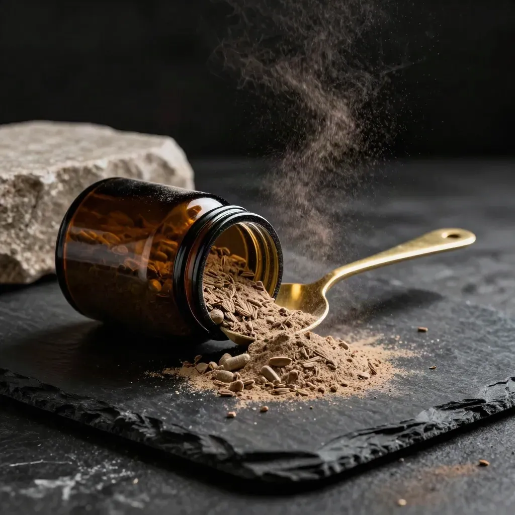 Dark glass maca capsules jar with brass scoop, powder arc, and stone block on a matte-black plinth.