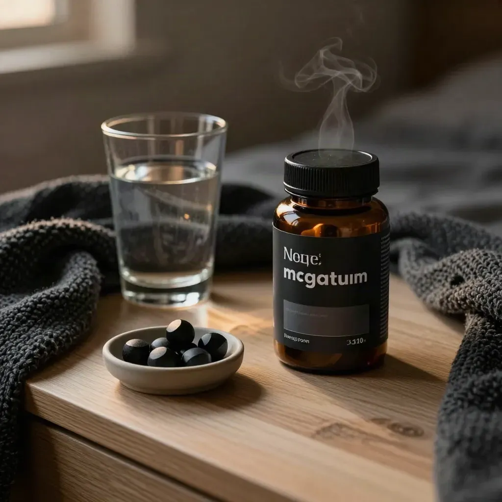 Magnesium sleep gummies jar beside water, knit throw and dish on a bedside table in soft evening light.