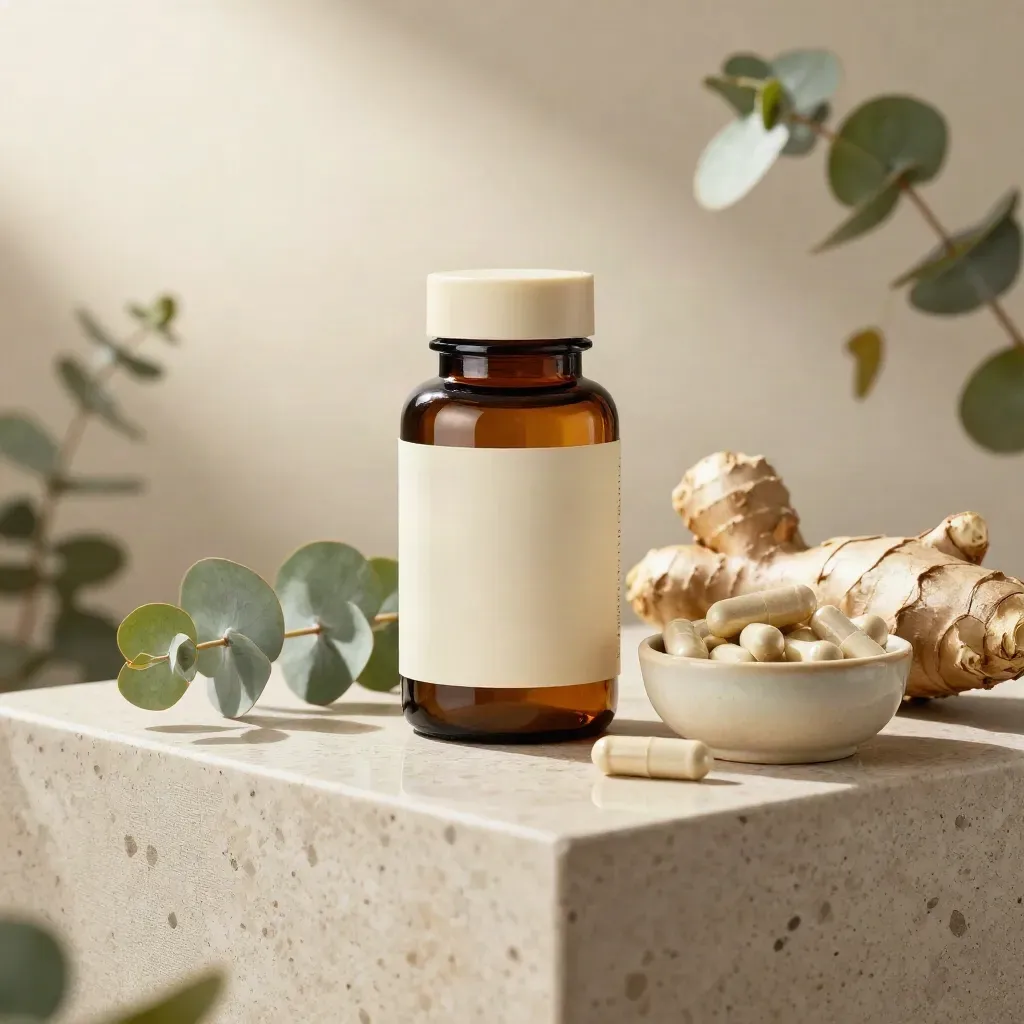 Amber herbal immune capsules bottle with eucalyptus, ginger, and a bowl of capsules on travertine.